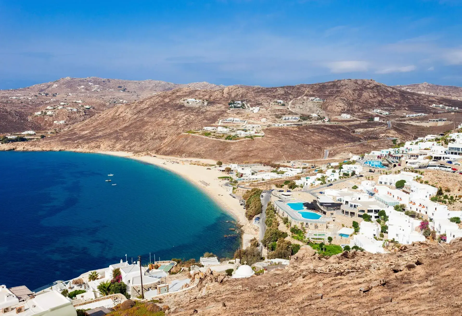 Elia Beach aerial panoramic view from viewpoint on the Mykonos island, Cyclades in Greece; Shutterstock ID 1072443080