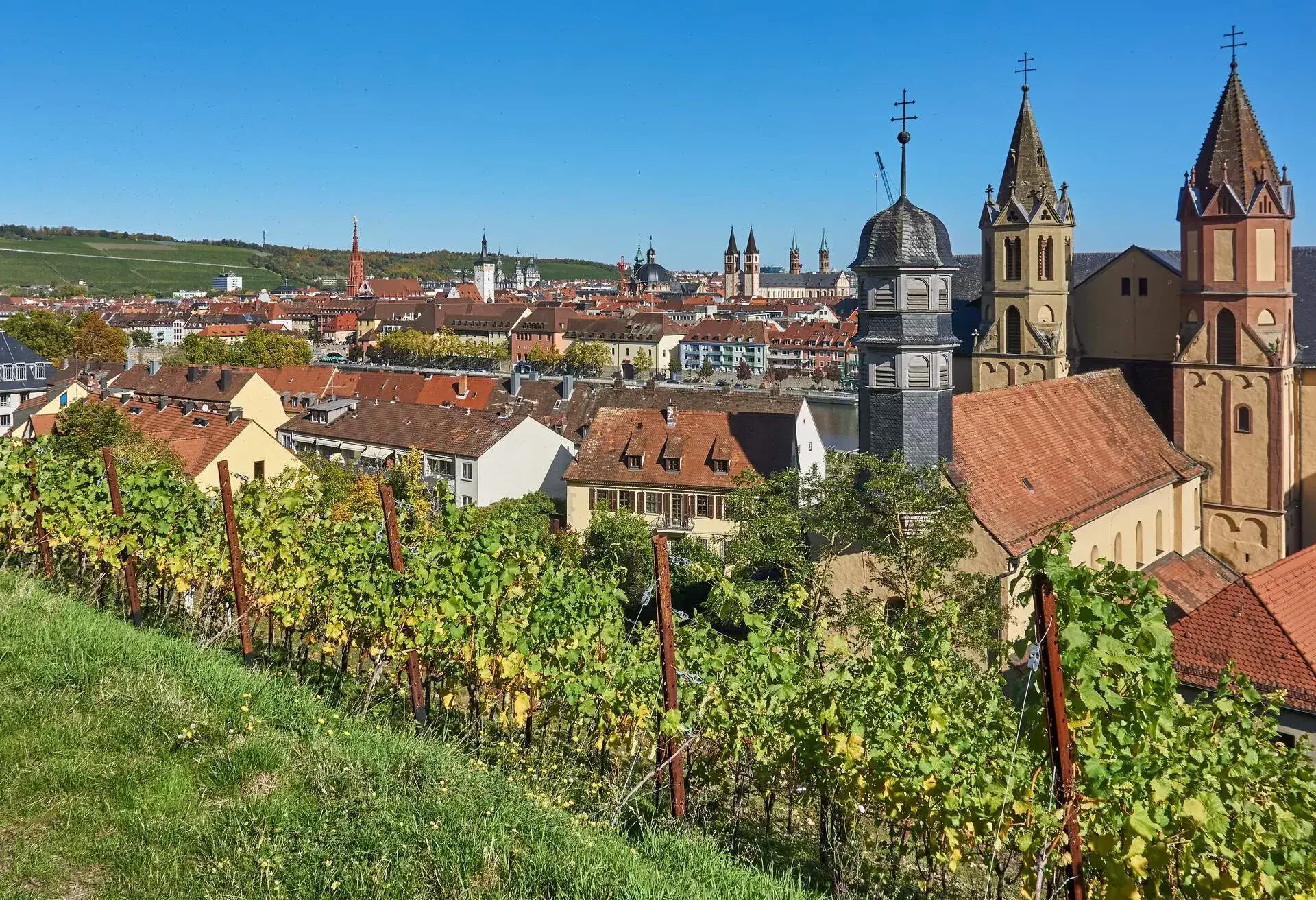 Würzburg, Germany - October 12, 2019: City view of Würzburg from the vineyard under the fortress in autumn.
