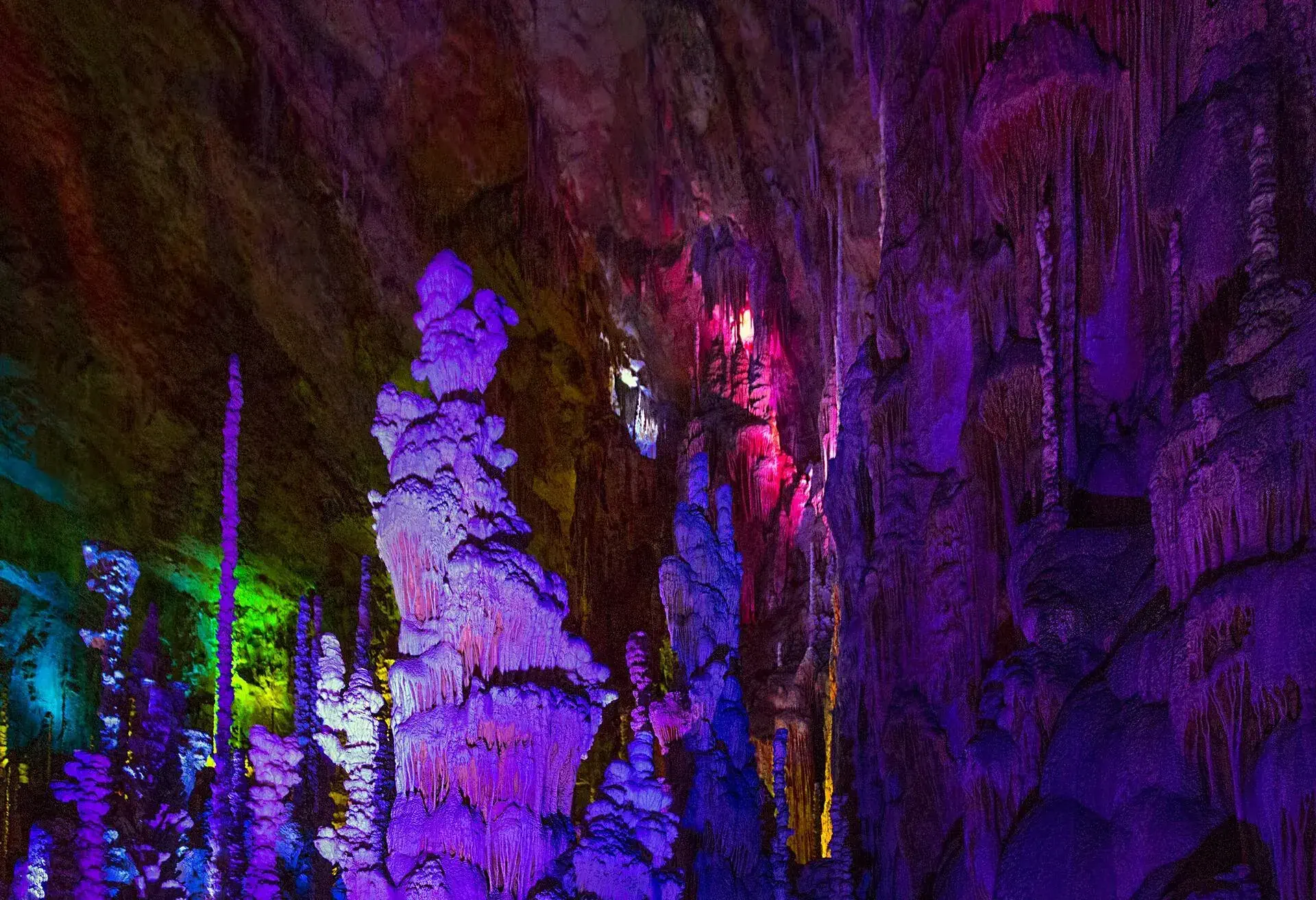 Detail of the Grotto of Aven Armand illuminated in colors