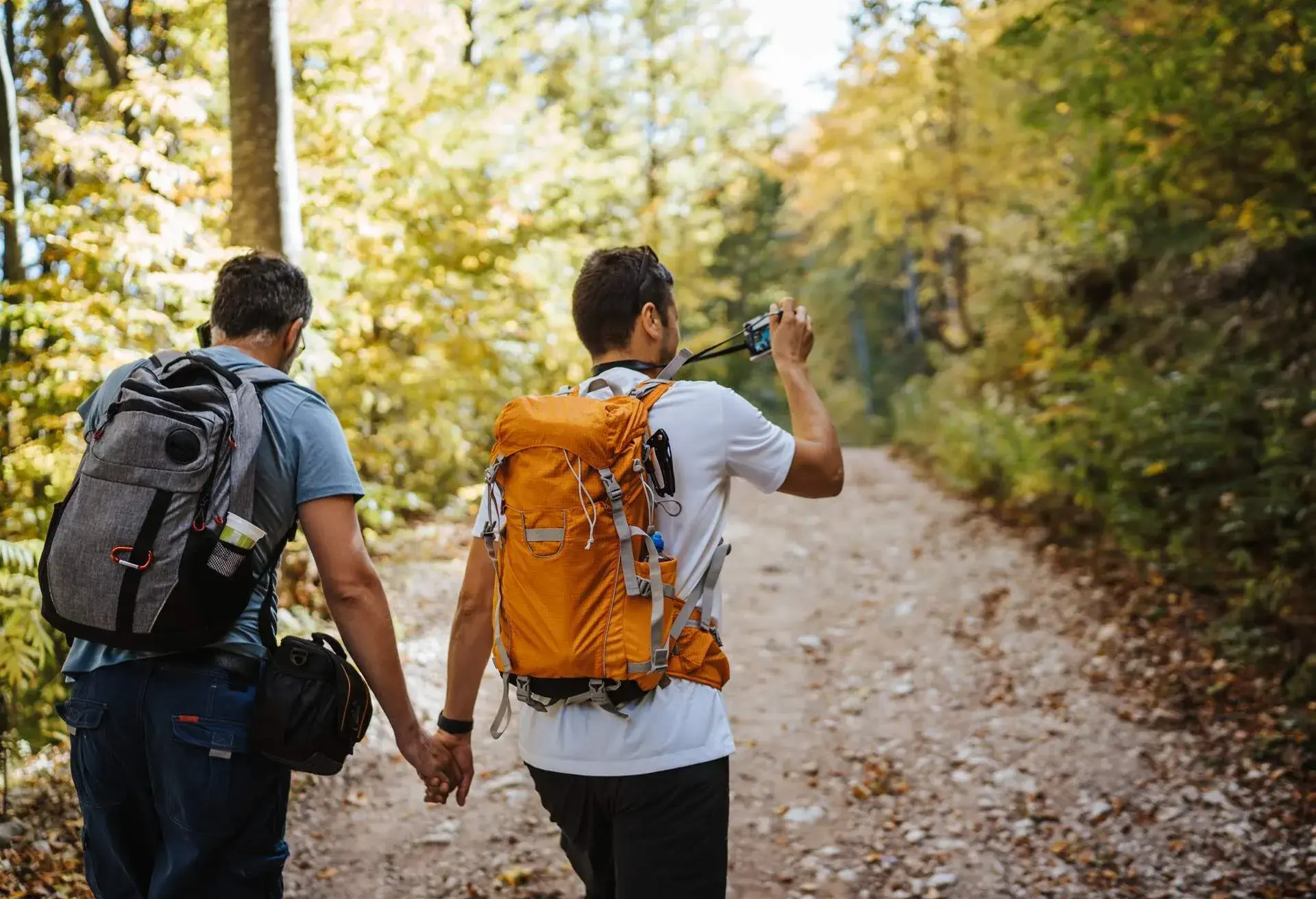 Male homosexual couple with backpackers holding hands and hiking together in forest on beautiful sunny day, one of them holding camera and photographing sceneries