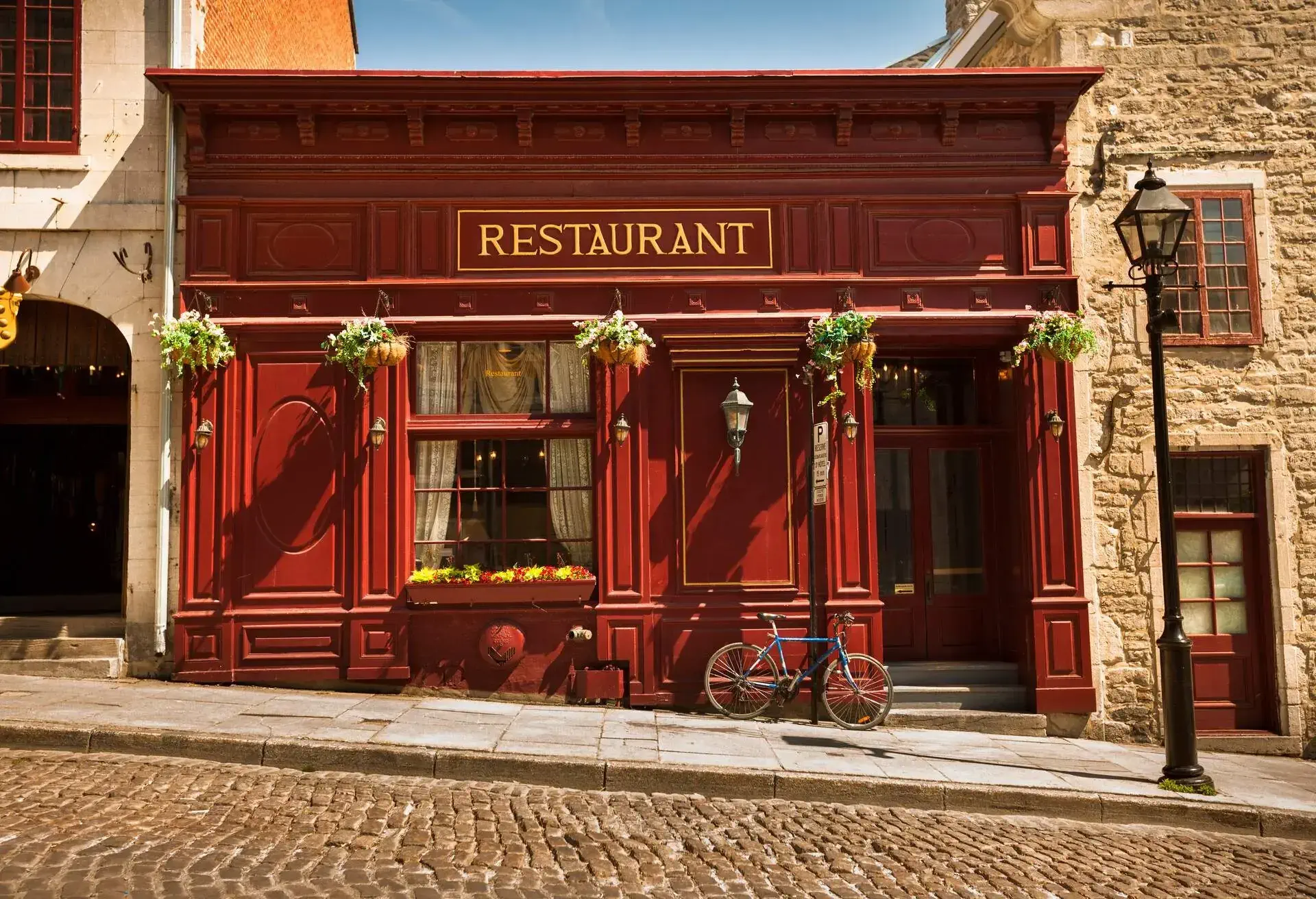 Historic shops and restaurants buildings in the Old Montreal district in Quebec Canada
