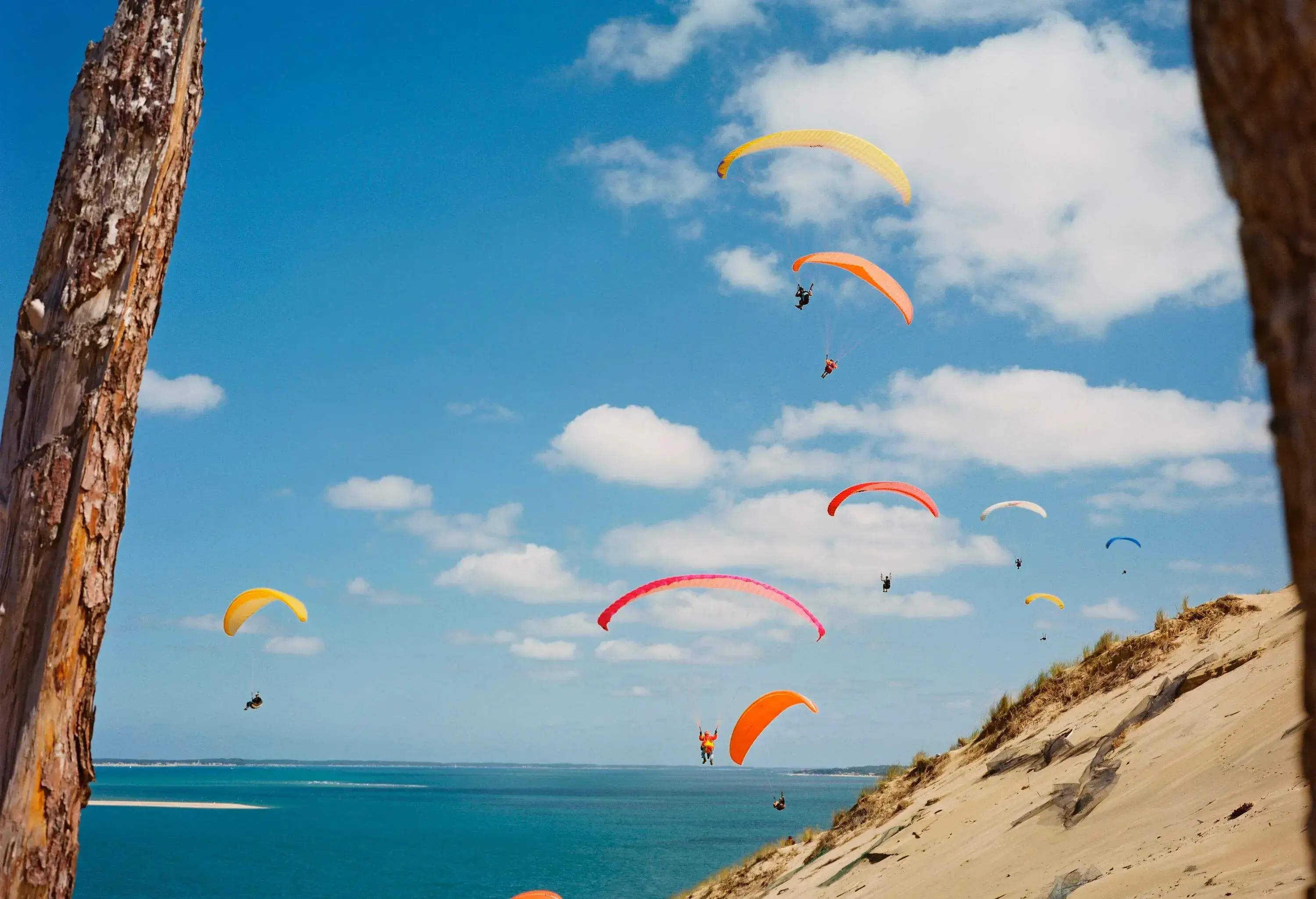 Overlooking a calm deep-green ocean with some people paragliding with colourful canopies over a sandy dune.