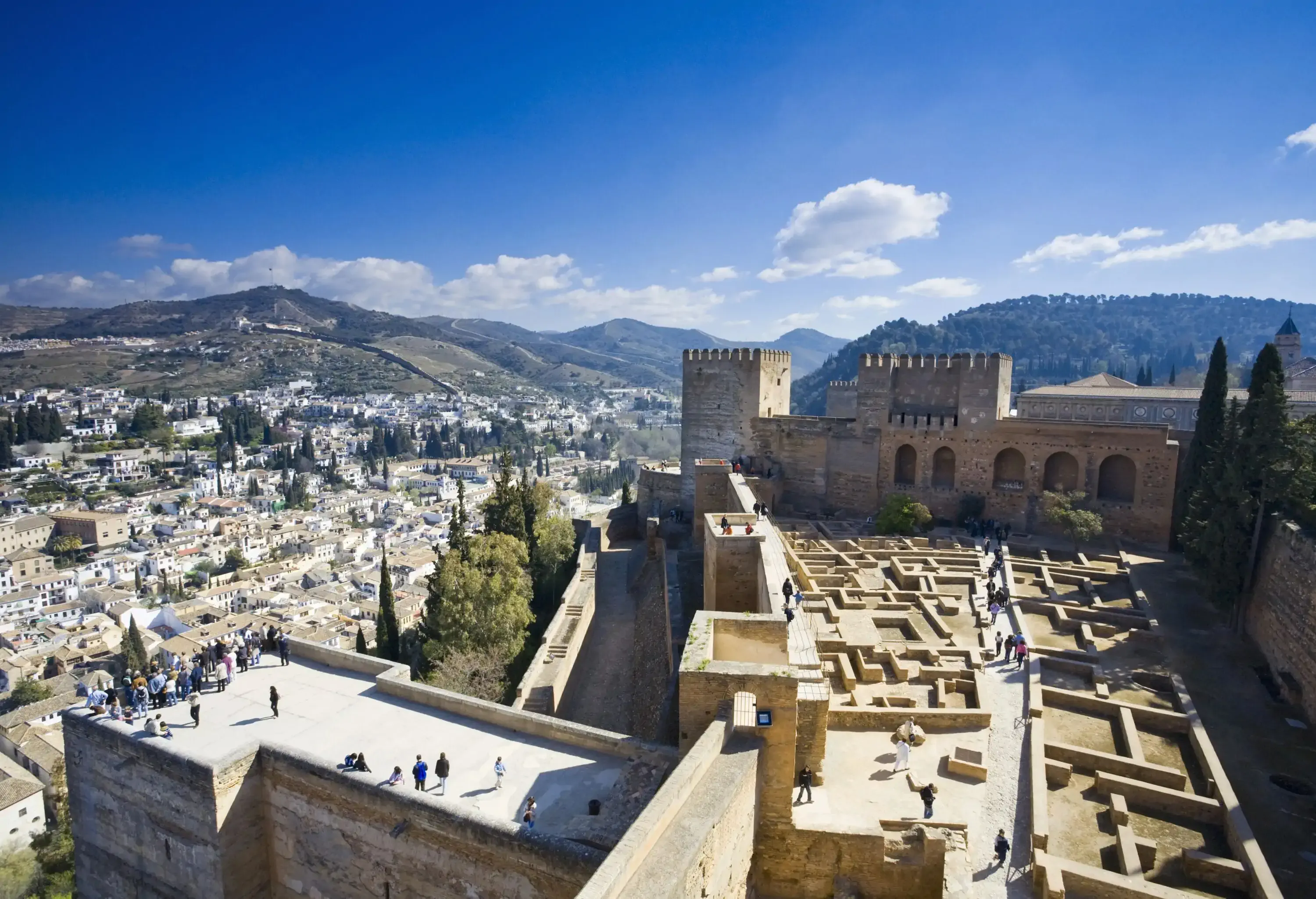 High angle view over the Alhambra with a clear blue sky, people in the distance