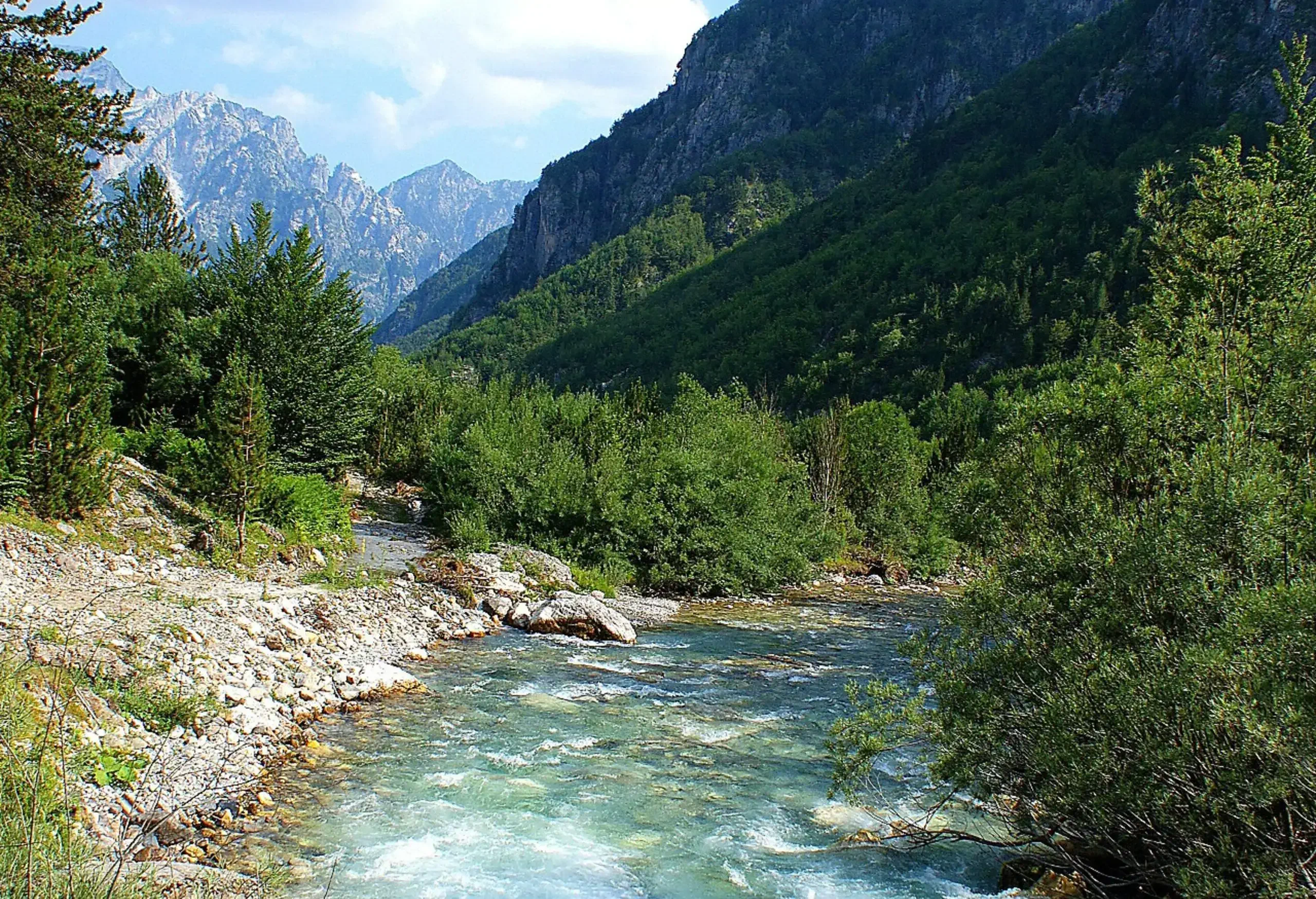 Water flowing through the mountains on a rocky riverbed.