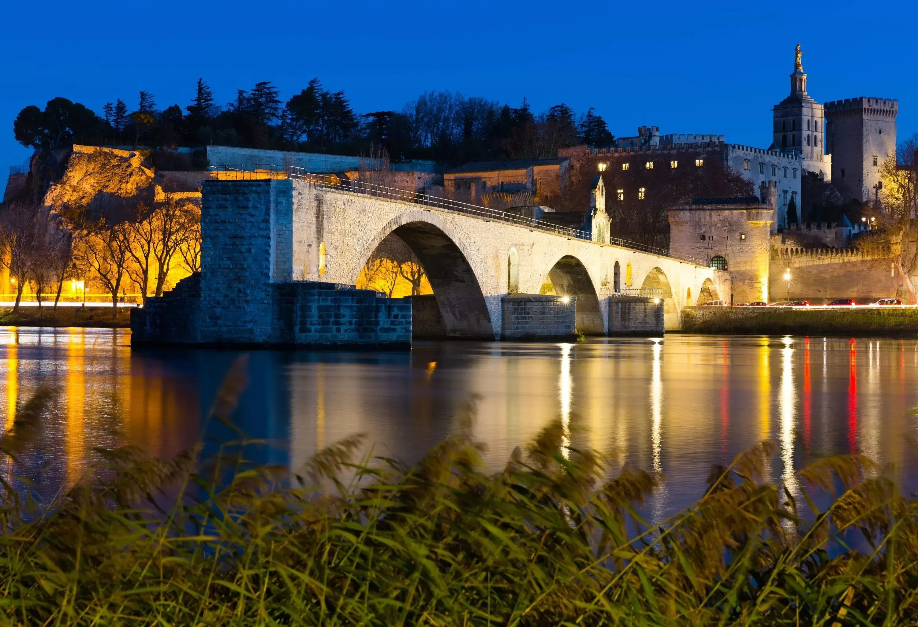 Pont Saint-Benezet and catholic Cathedral in Avignon in night lights, France