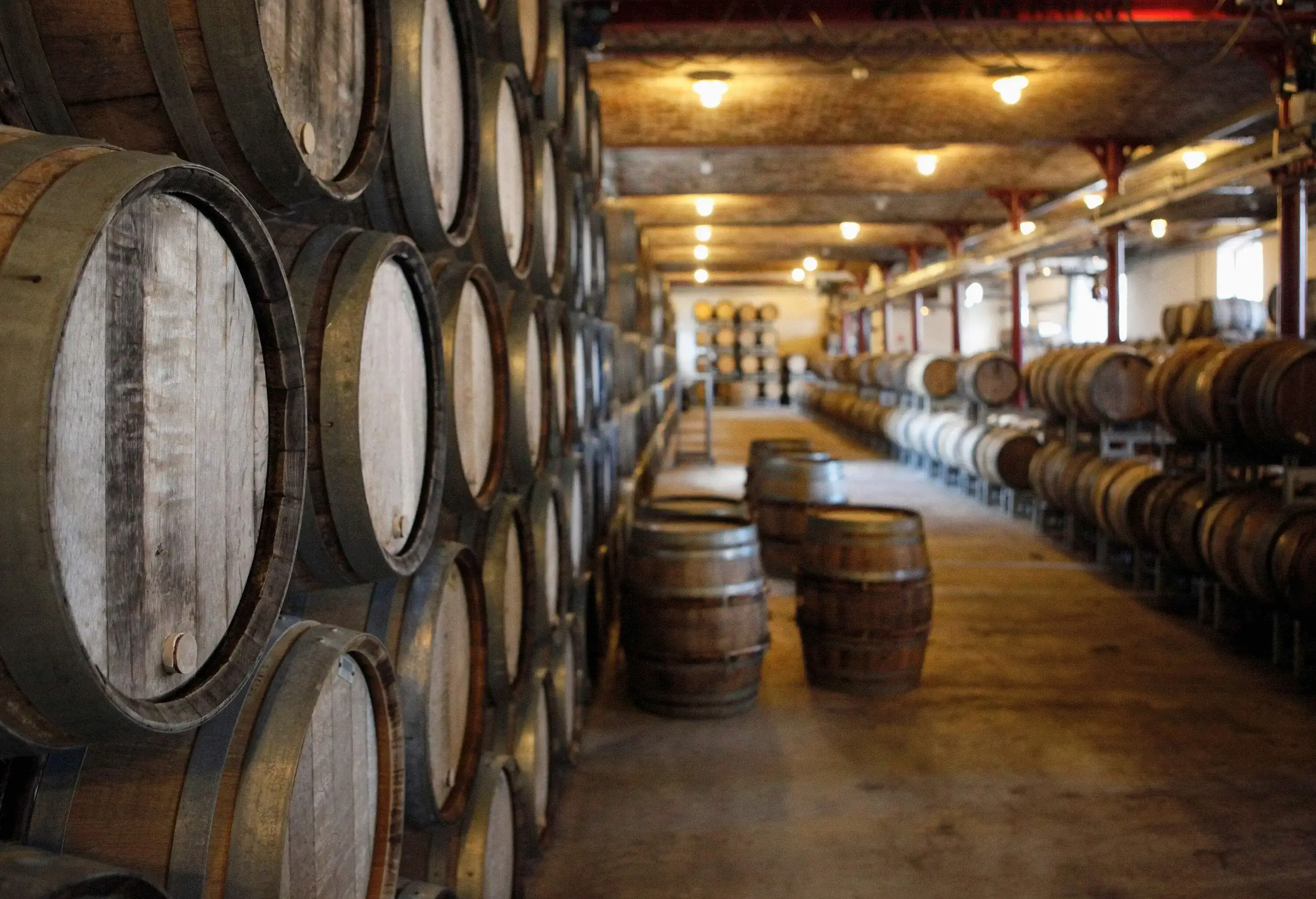 In a wine cellar, brown wine barrels are stacked on both sides, with some on the aisle.