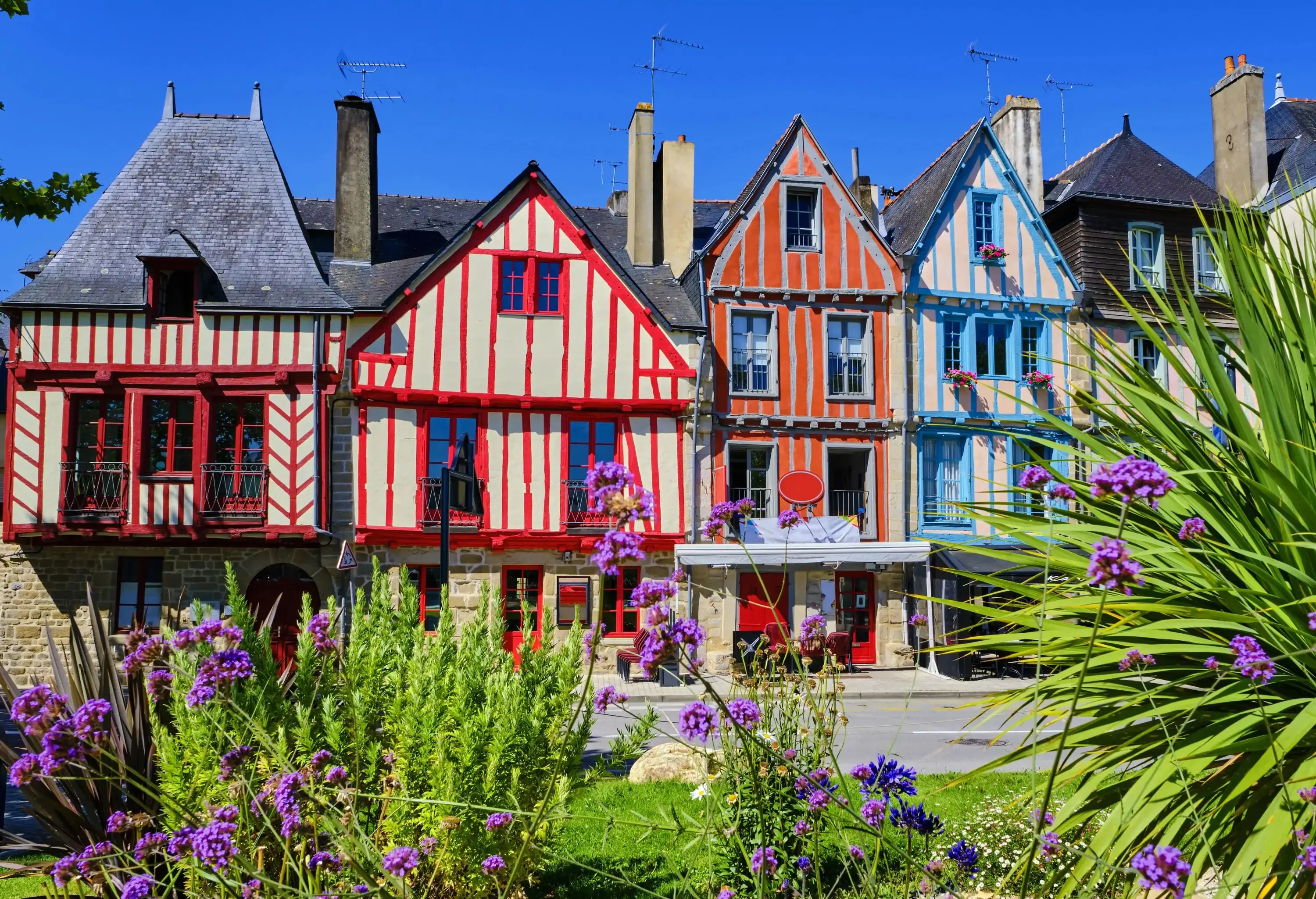 Colourful timber-framed houses along the street across from a garden with bright purple flowers.