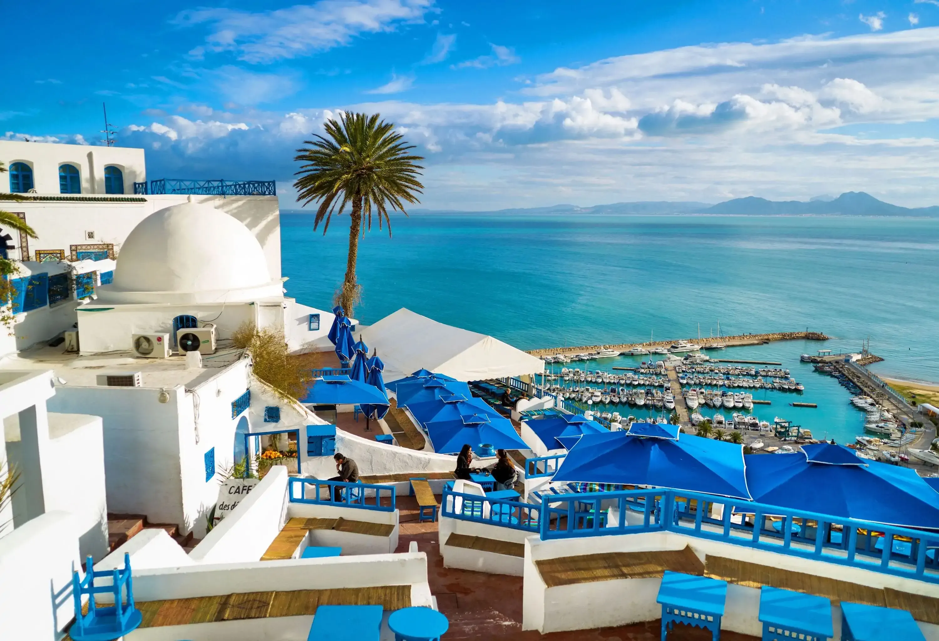 Scenic view at the seaside cafe in the town of Sidi Bou Said. Sidi Bou Said is a town in northern Tunisia located about 20 km from the capital, Tunis.