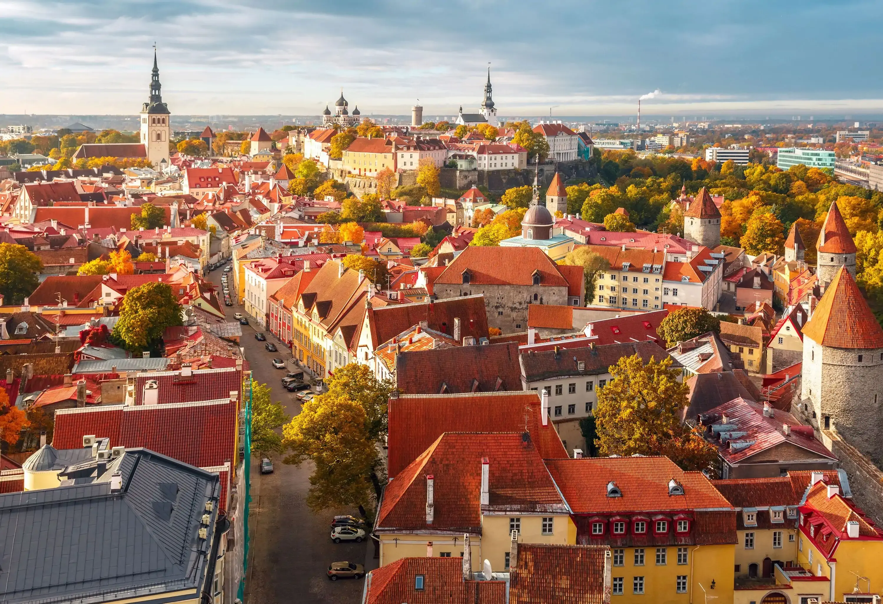Aerial panorama of Old town with Town hall and Toompea hill, view from the tower of St. Olaf church, Tallinn, Estonia