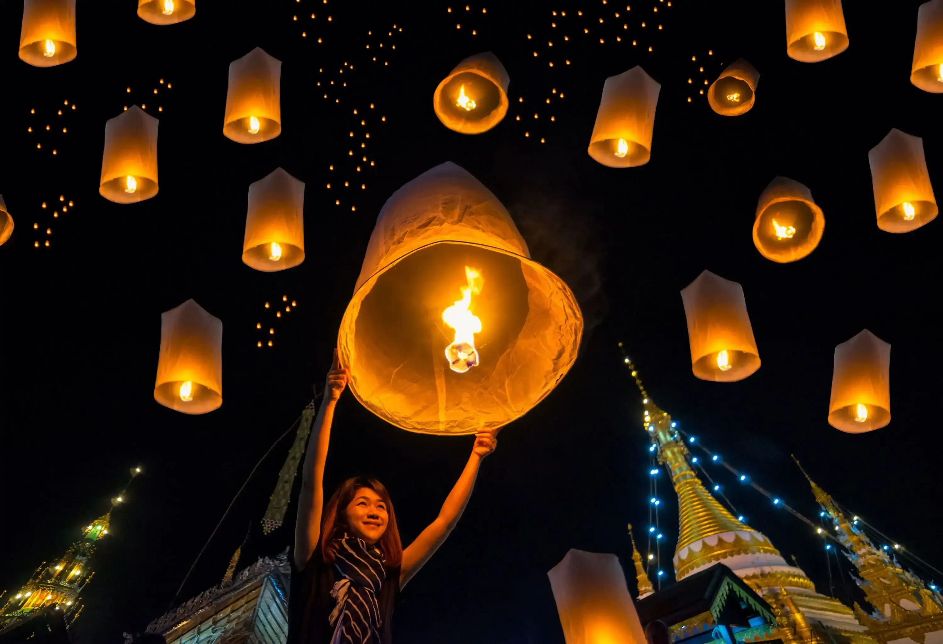 Asian women release sky lanterns to worship buddha's relics in yi peng or yee peng festival at Wat Jongklang temple - Wat Jongkham temple in Mae hong son near Chiang mai, Thailand.