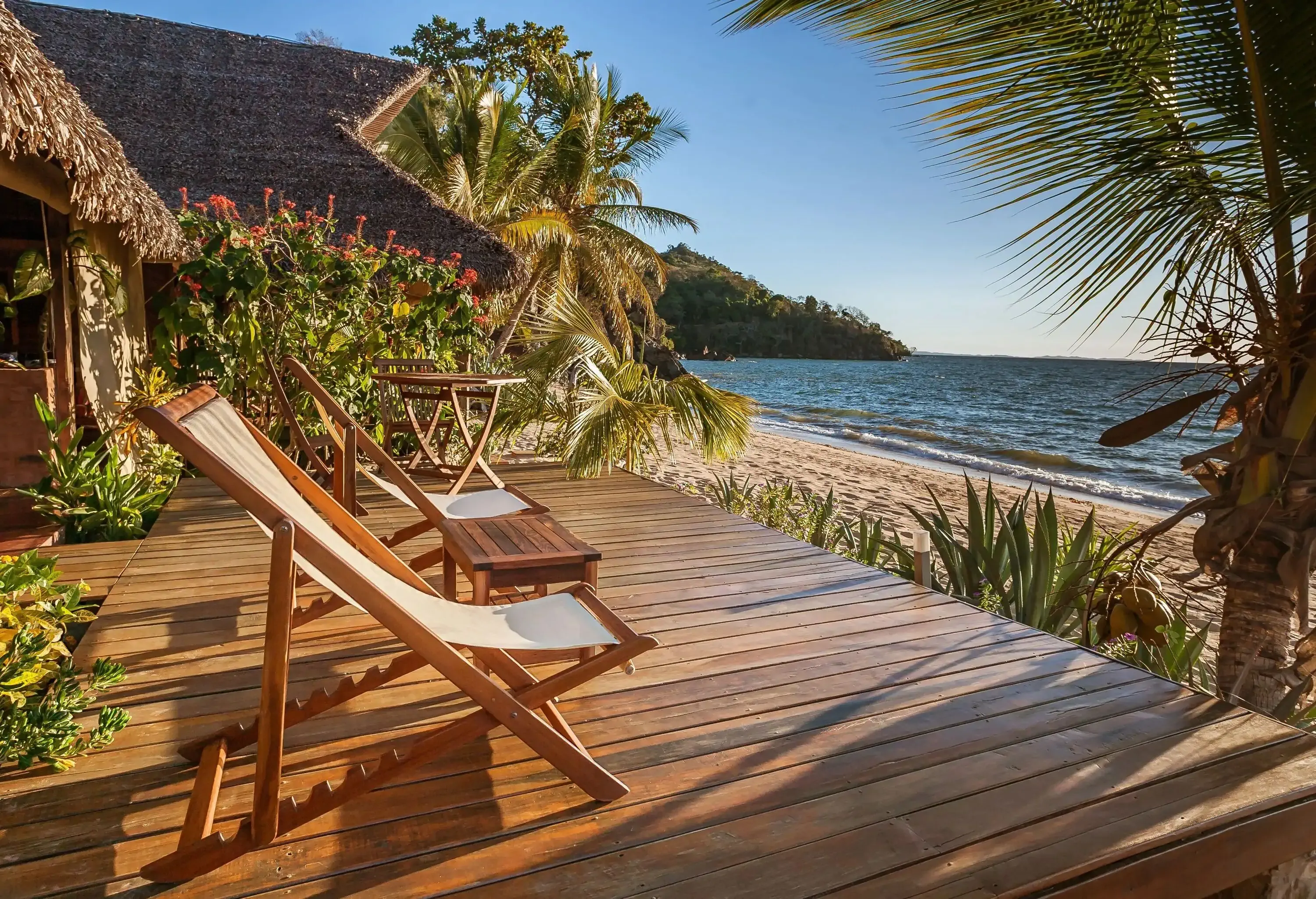 Terrace at sunset on a tropical beach overlooking the sea, Antsiranana, Madagascar