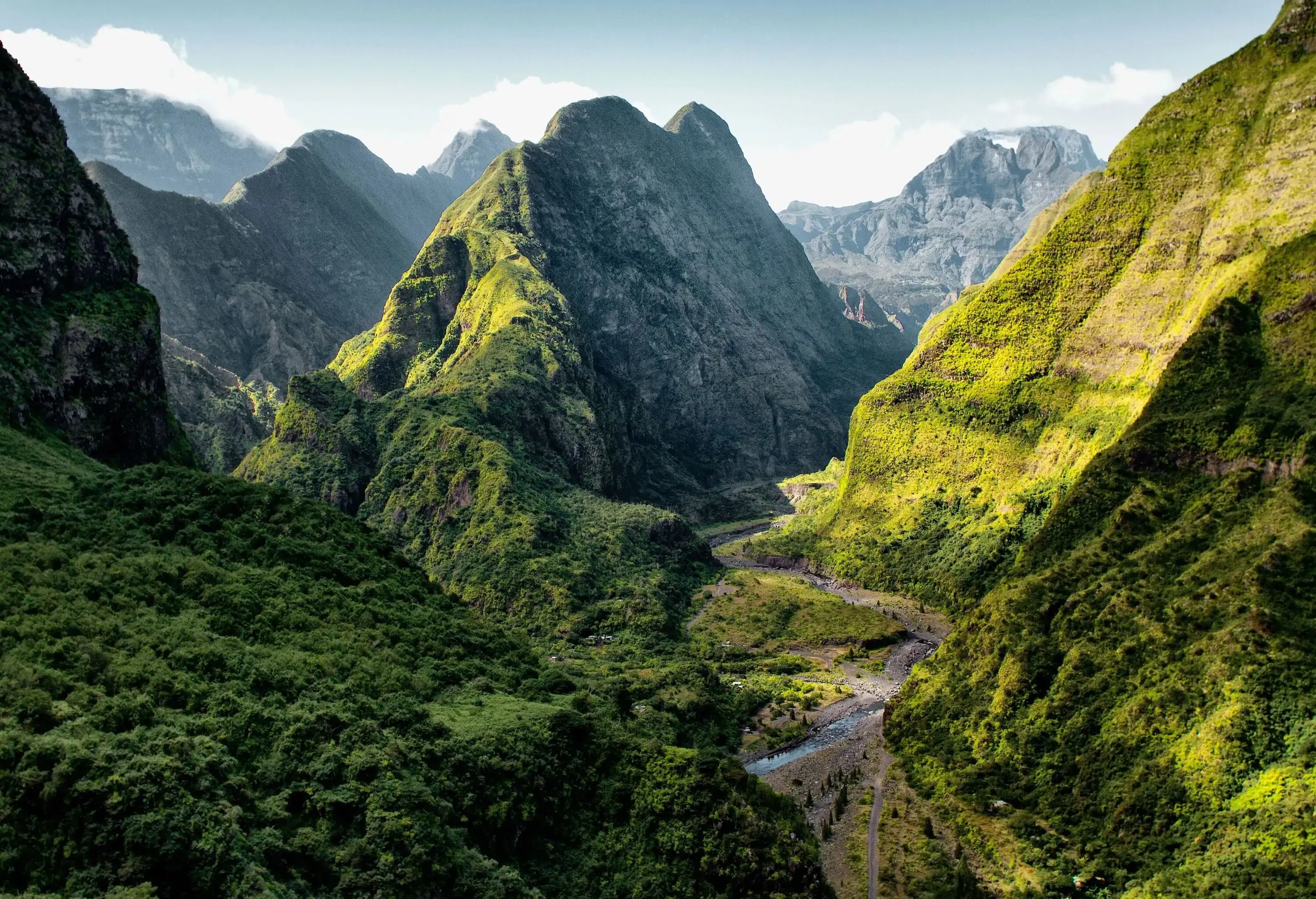 The scenic mountain landscape covered with lush vegetation.