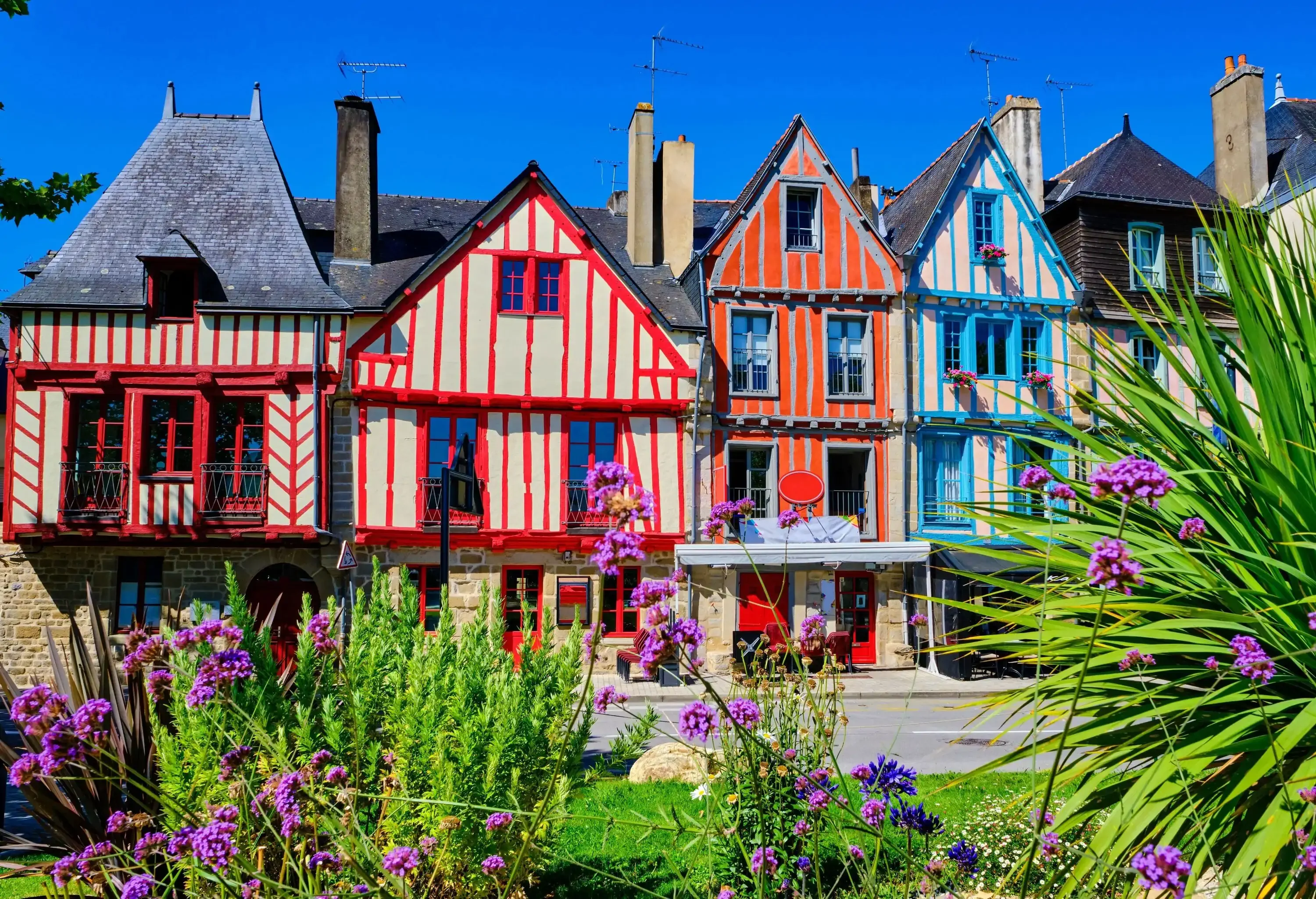 Colourful timber-framed houses along the street across from a garden with bright purple flowers.