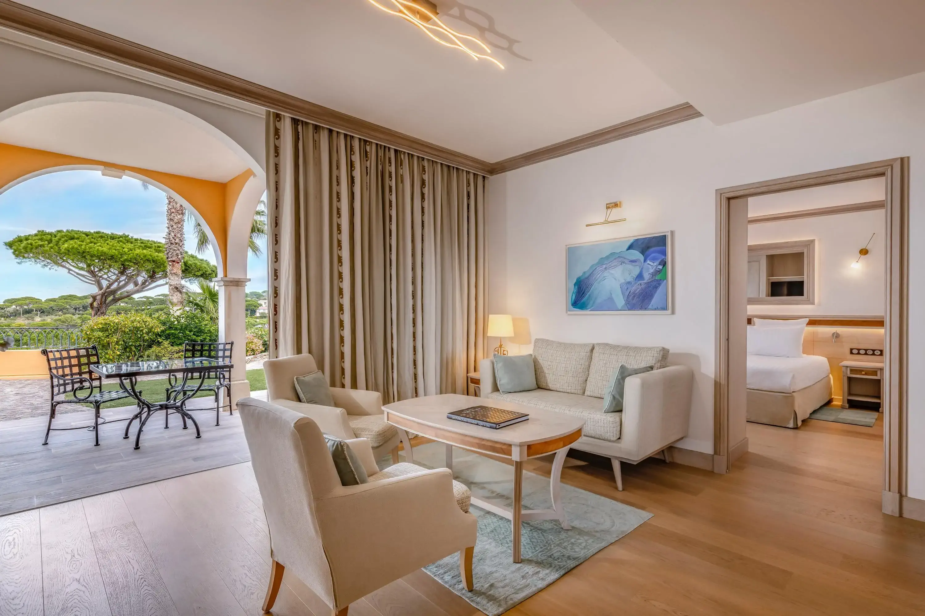 Elegant hotel room in a castle with outdoor patio