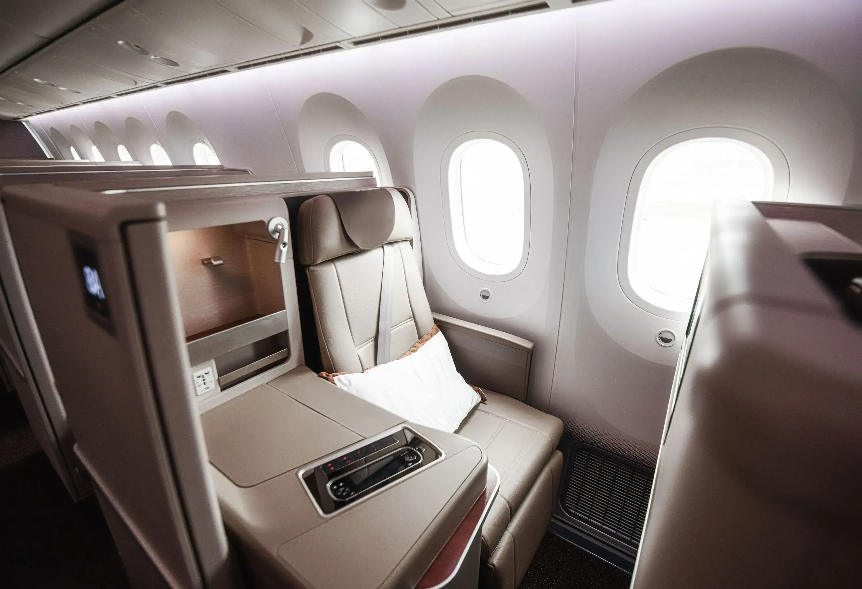 Luxurious business class seats inside a plane