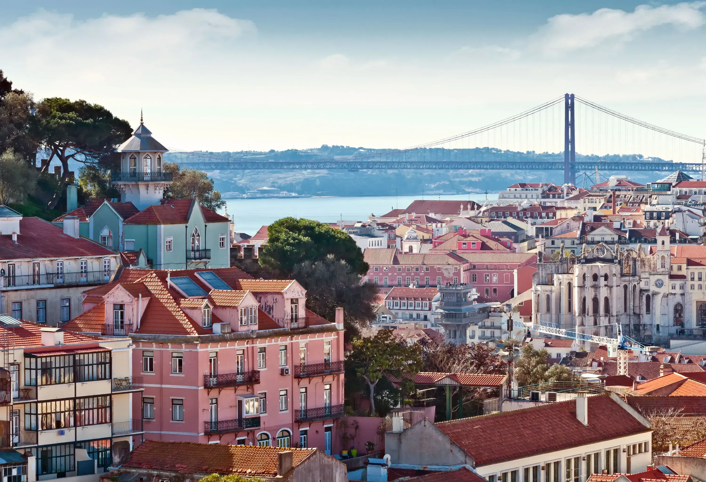 A cluster of city buildings with overlooking views of a bridge across a river.