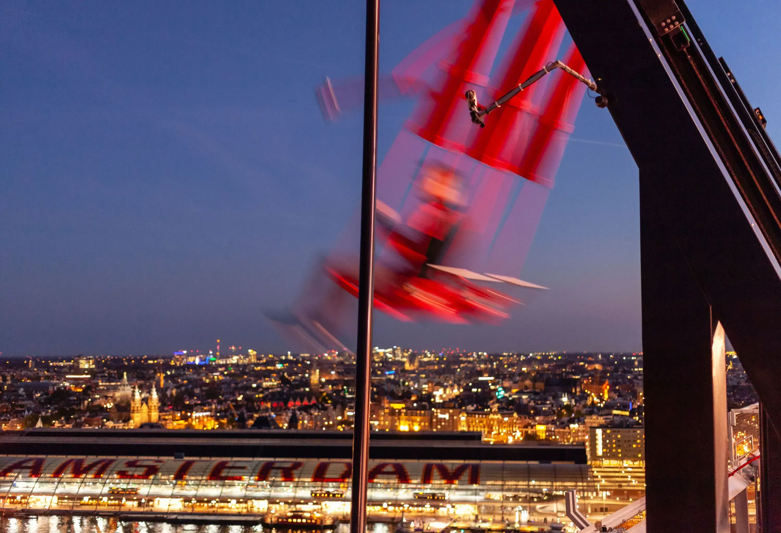 A'dam Lookout's Over The Edge swinging over Amsterdam, providing a wonderful perspective of the city's surroundings.