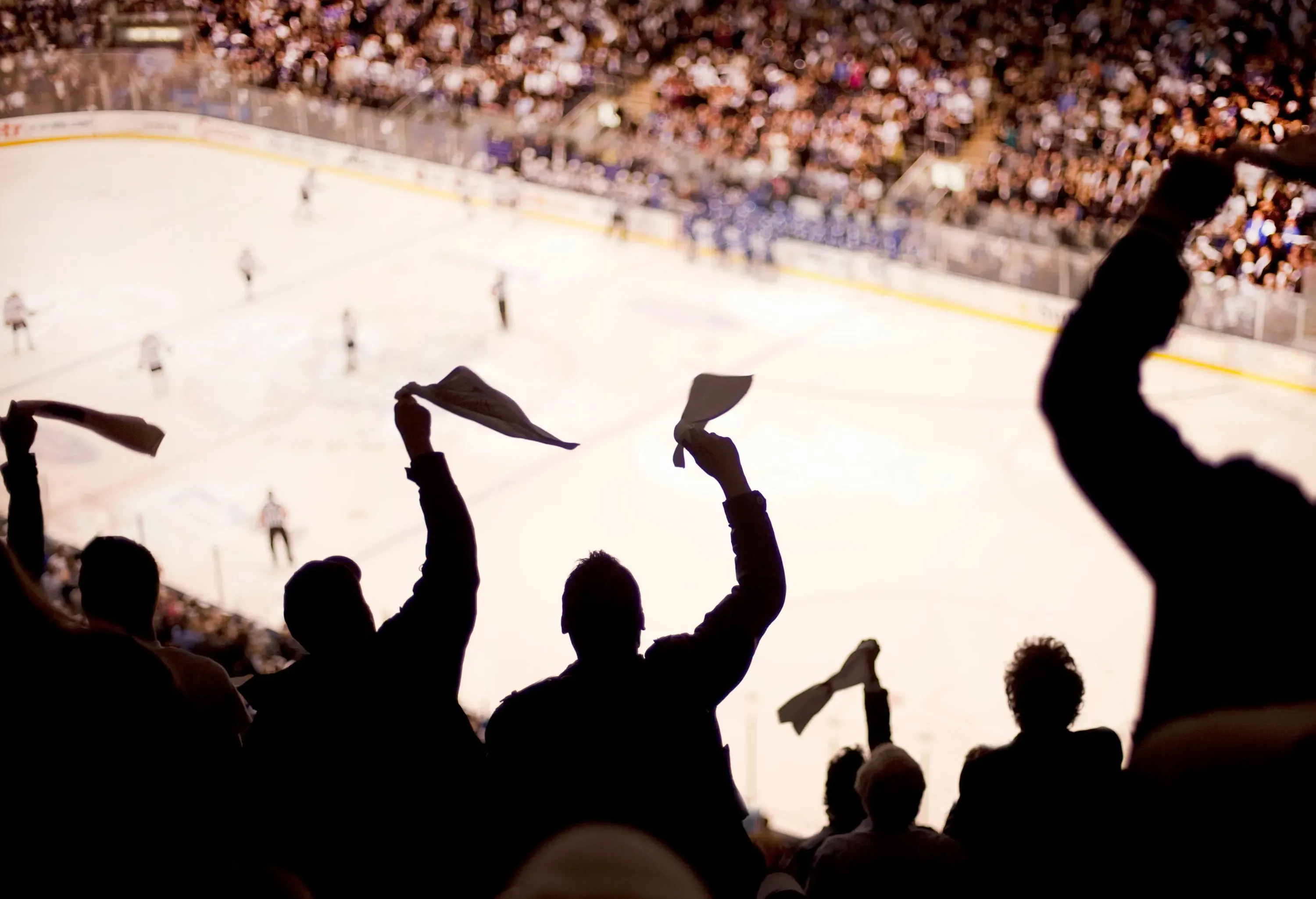 The stadium fully occupied by sports enthusiasts watching the ice hockey game.
